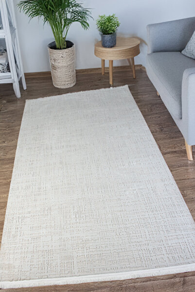 Beyaz Polyester Makine Halısı Tozumaz Antibakteriyel Saçaklı Salon Oturma Çocuk Odası Yolluk