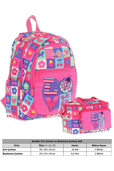 KAUKKO Set ghiozdan și cutie de prânz termoizolantă pentru fete (L5229+L7229) Love - roz albastru