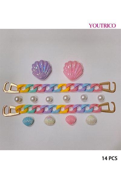 Youtrico 14pcs Shell and Pearl Jibbitz Charms with Detachable Colorful Chains for Slipper Ornament