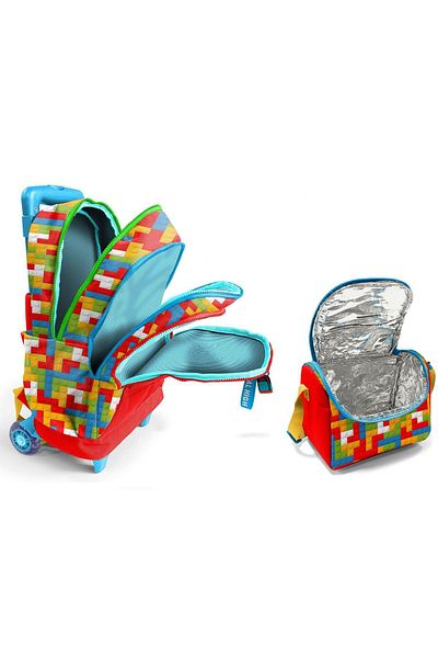 Coral High Illuminated Rickshaw School Bag + Thermal Insulated Lunch Bag - Men - Red Building Blocks