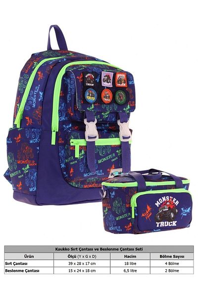 KAUKKO L5279+L7279 Set ghiozdan și cutie de prânz pentru băieți - Camion cu emblema bleumarin verde