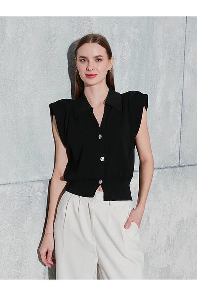 Coral Padded Buttoned Polo Neck Vest Black