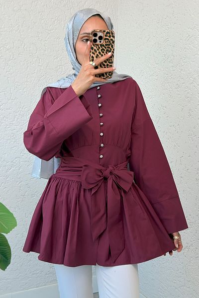 Salih Çelebi Belted Kimono Sleeve Tunic 2343 - Claret Red