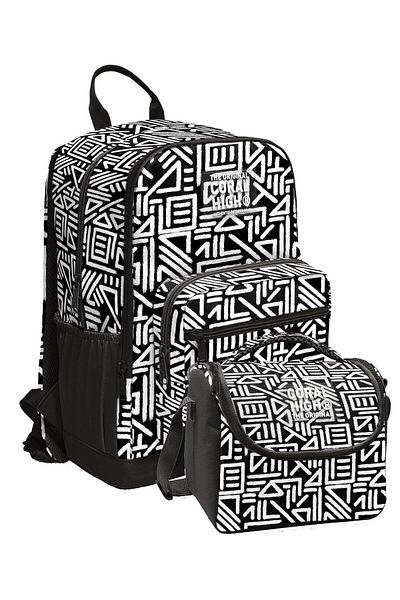 Coral High Primary and Secondary School Backpack and Nutrition Set - Black and White Geometric for Boys