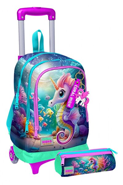 Coral High طقم فتاة مضاءة، طباعة حصان البحر الأخضر المائي، حقيبة مدرسية ابتدا...