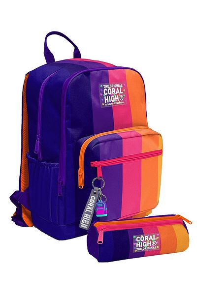Coral High Set rucsac și suport stilou pentru fete - dungi de culoare violet portocaliu - școala primară