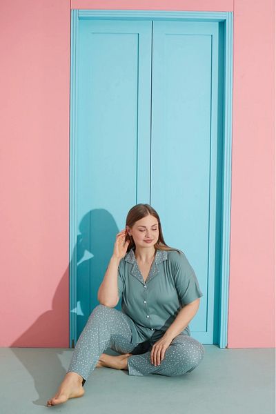 Pijamoni Plus Size Green Milan Fabric Button Front Women's Pajama Set – 7560