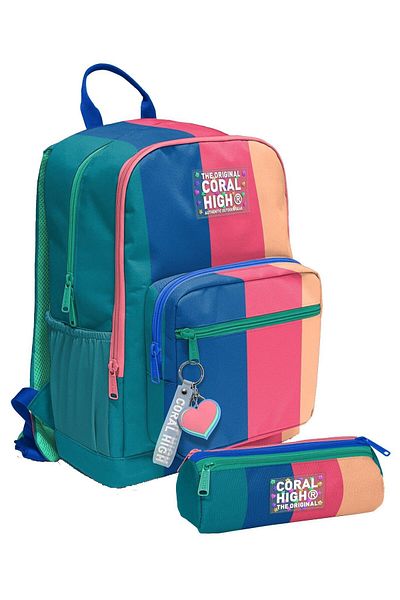 Coral High Комплект раница и моливи за момиче - зелено, синьо, розово, цветно, райета - за начално училище