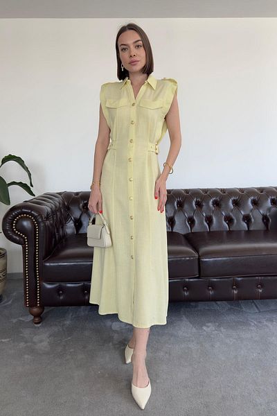 solena sln Women's Waist Buckle Detail Front Buttoned Linen Shirt Midi Length Summer Dress