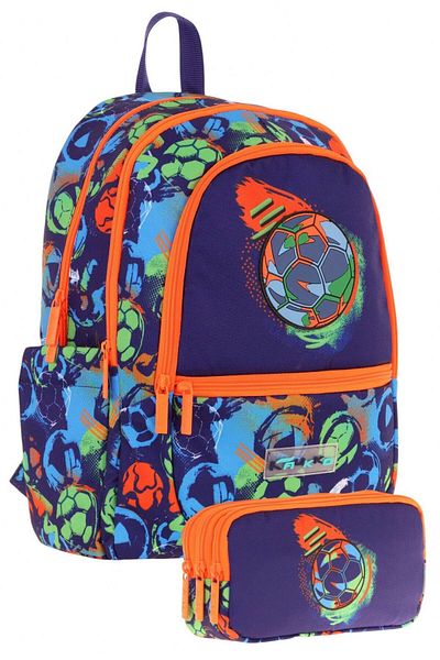 KAUKKO Men's Bag and Three-Eye Pencil Bag Set - Navy Blue Orange - Soccer Ball (L5269+L8269)