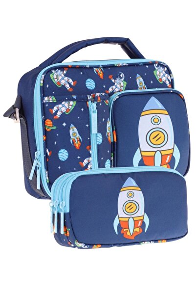 KAUKKO Kids Boy Navy Blue Rocket Three Compartment Lunch Box and Pen Holder S...