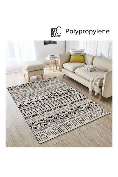 COOYA Warm Luxurious Modern Printed Rectangular Anti-Slip Carpet Off-White/Black 140x200cm