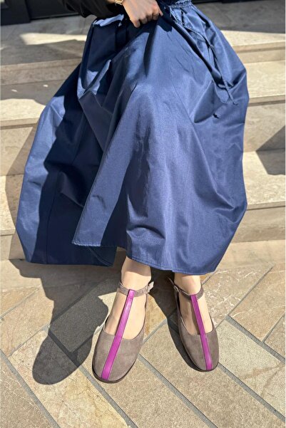 BABLACK حذاء باليه نسائي من جلد نوبوك الأصلي مزين بشريط من فرو المنك