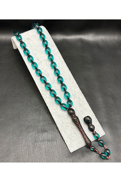 Han Ticarethane Imame Embroidered White Cut Petrol Green Powder Amber Prayer Beads