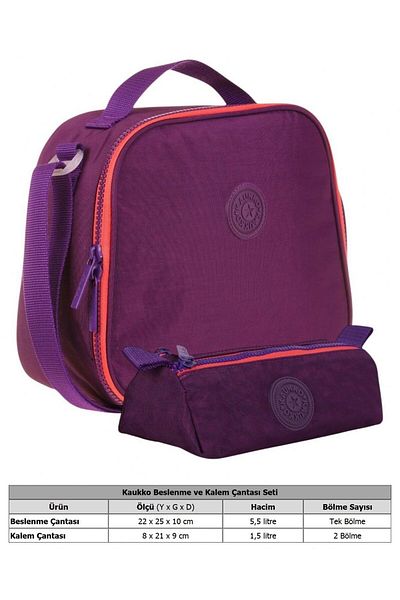KAUKKO Thermal Insulated Lunch Bag and Pen Holder Set - Purple - Girl - Crinkle Fabric