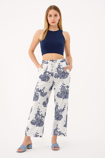 Fashion Friends Patterned Linen Trousers Ecru