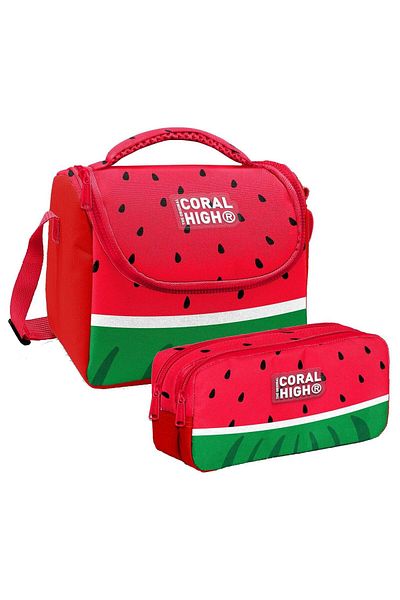 Coral High Boy's Red Green Watermelon Thermo Lunch Box and Two Compartment Pen Holder Set