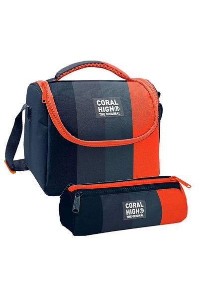 Coral High Boy's Black Orange Colored Striped Lunchbox and Three Compartment Pen Holder Set