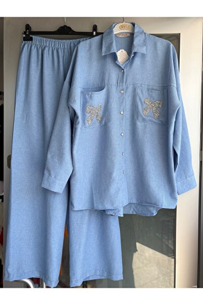 Butik Bebemavisi taş detaylı yazlık keten kumaş kadın ikili takım