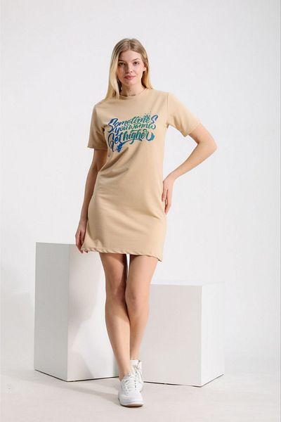KRIMO Women's Short Sleeve Crew Neck Knitted Front Printed Mini Dress