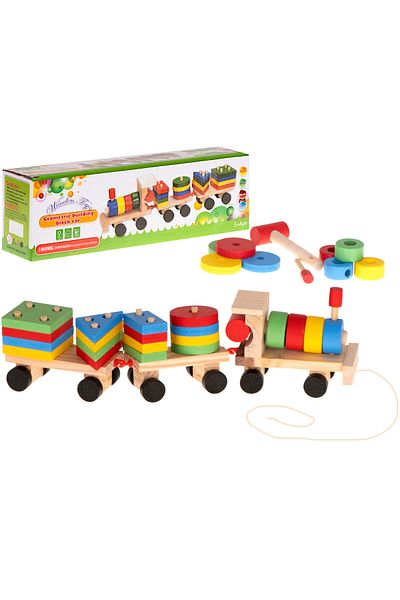 Wooden Toys Trenulet Lemn cu 2 vagoane si forme geometrice