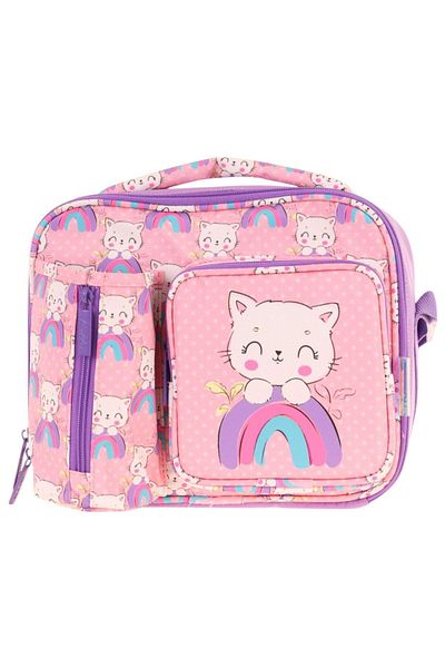 KAUKKO Girl's Salmon Purple Cat Patterned Thermal Insulated Three Compartments (Water Bottle Pocket) School Lunch Bag L7241