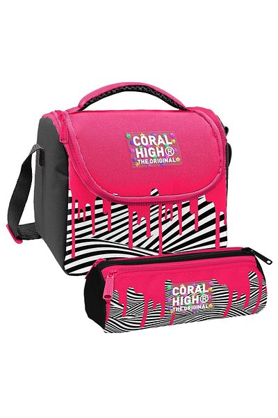 Coral High Girl's Pink Black and White Paint Patterned Lunchbox and Three Compartment Pen Holder Set