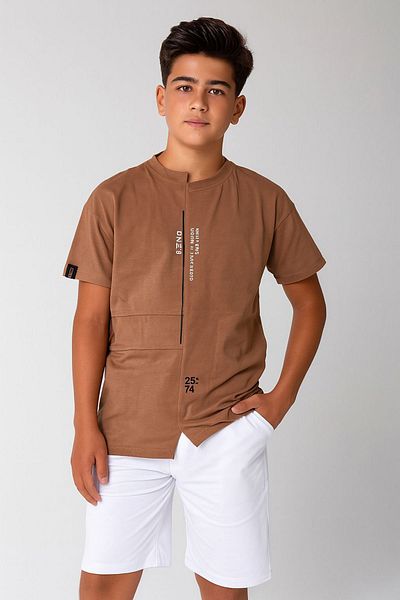 Minigimin Cicileri (Age 9-14) Oversize Asymmetric Cut Boy's Shorts Suit - Light Brown