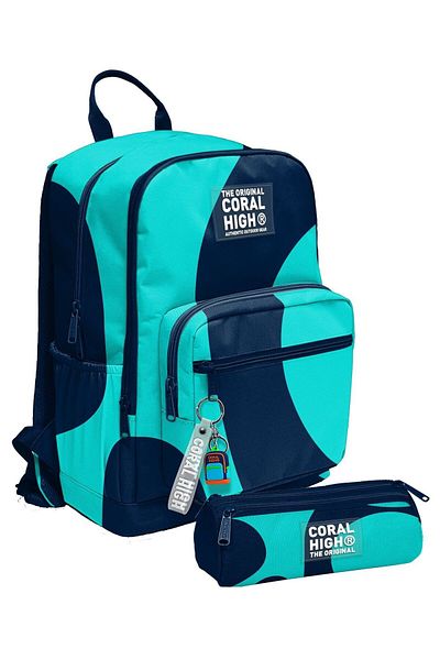 Coral High Boy's Backpack and Pen Holder Set - Navy Blue Turquoise Colored Stripes - Primary School