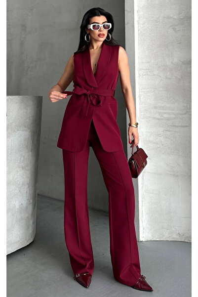 pembekurdelem Women's Shawl Collar and Belted Vest Trousers Suit Burgundy