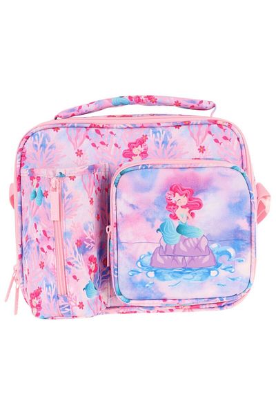 KAUKKO Girl Pink Blue Mermaid Patterned Thermo Three Compartment (Water Bottle Pocket) School Lunchbox L7217