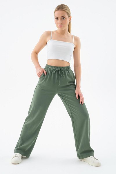 Fashion Friends Yüksel High Waist Wide Leg Linen Trousers Khaki