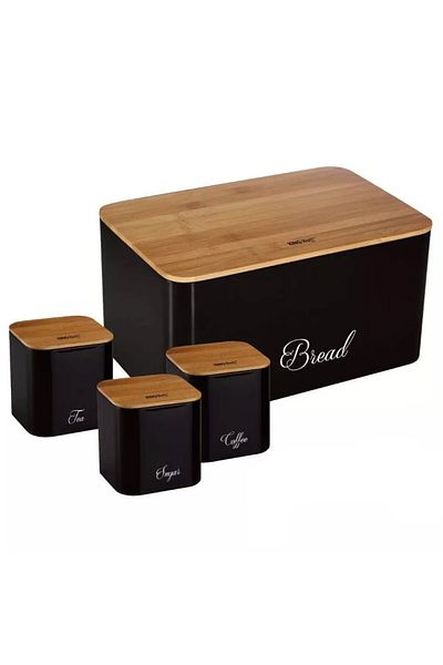 Kinghoff Black bread box set with 3 containers, steel, bamboo lids, Kinghoff KH1586