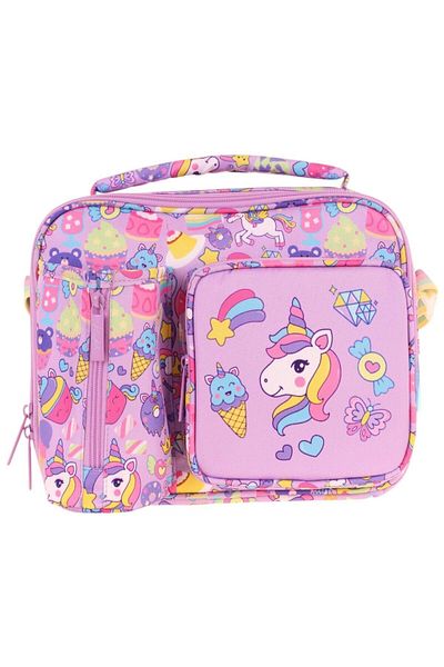 KAUKKO Girl's Lilac Unicorn Patterned Thermal Insulated Three Compartments (Water Bottle Pocket) School Lunchbox L7215