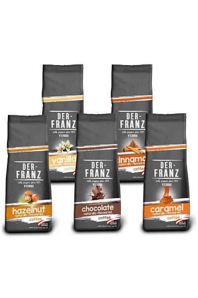 Der-Franz Coffee bean set with flavors, 5 x 500g (Hazelnut, Vanilla, Chocolate, Caramel, Cinnamon)
