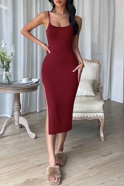 CATHECAT Women's Black Slit Knee Length Body Hugging Dress Nightgown