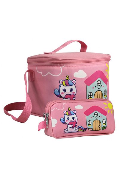 Cennec Girl's Unicorn Patterned Pink Green Lunchbox and Pen Holder Set