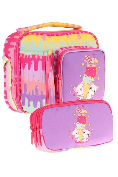 KAUKKO Kids Girl Yellow Purple Ice Cream Printed Three Compartment Lunch Box and Pen Holder Set (L7247+L8247)