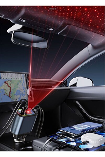 MATECHNO 4in1 66W Makara Kablolu Starlight Işık Araç Çakmaklık Şarj Cihazı Hızlı Şarj Yıldız Efekt Şarj Aleti