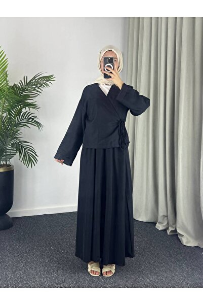 Esre Store 3509 - Σετ κιμονό από λινό ύφασμα σε μαύρο χρώμα