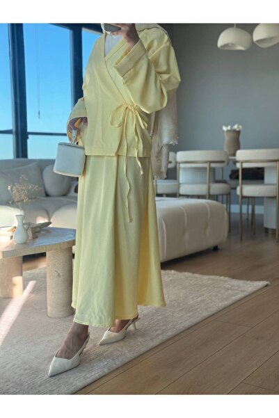 Esre Store 3509 - Keten Kumaş Kimono Takım Sarı