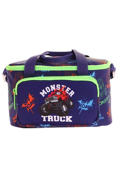 KAUKKO Kids Thermal Insulated Men's Monster Truck Green Navy Lunch Bag L7279 (Two Compartments)