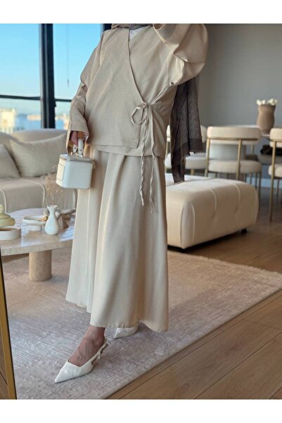 Esre Store 3509 - طقم كيمونو من قماش الكتان باللون البيج