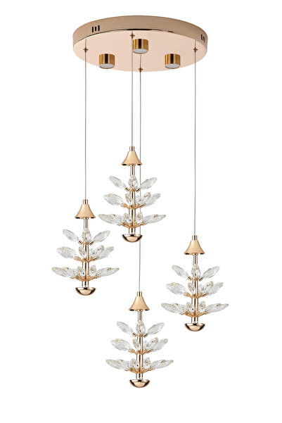 Apliqa Serap 4'Lü 39 Watt 3000K Yuvarlak Gold Kristal Taşlı Ledli Salon Avize