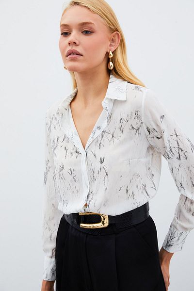 Sateen Shiny Patterned Shirt - Ecru-Silver