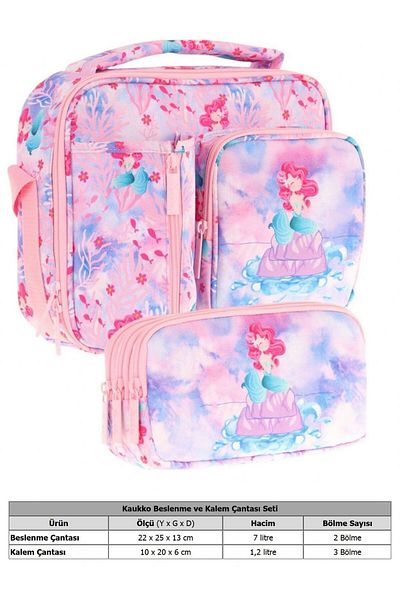 KAUKKO Kids Girl Pink Blue Mermaid Patterned Lunchbox and Pen Holder Set (L7217+L8217)