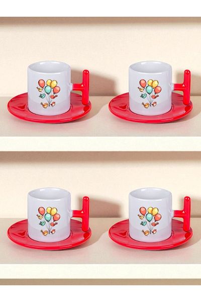 lili hediyelik Set of 4 Turkish Coffee Cups with Balloon and Bird Print