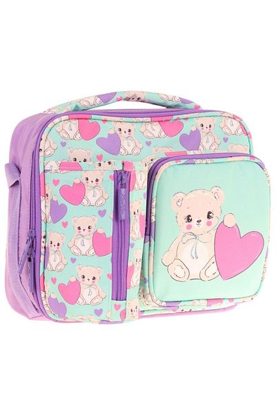 KAUKKO Girl's Turquoise Purple Teddy Bear Thermal Insulated Three Compartments (Water Bottle Pocket) School Lunchbox L7239