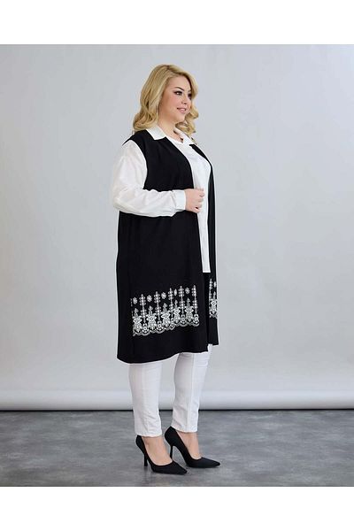 ModaMinar Women's Tulle Patterned and Stone Detailed Kristan Combed Cotton Fabric Long Vest
