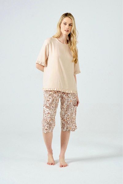 Dika 2532 Beige Ruffled Comfortable Home Wear Capri Suit